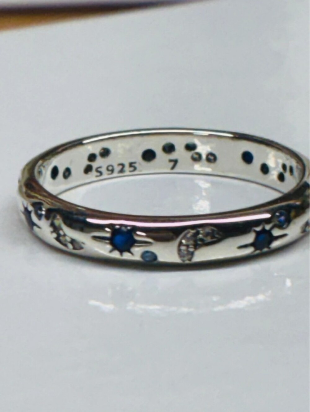 Sterling Silver Moon & Star Ring with Blue Accents